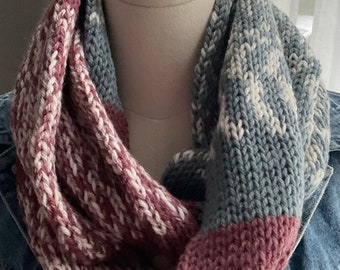 Handmade Knitted Infinity Scarf Necklace Fair Isle Charcoal/Maroon