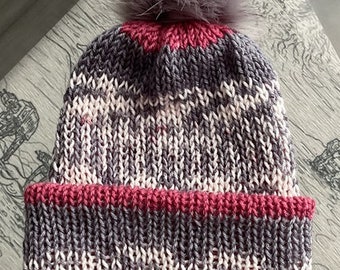 Handcrafted Handmade Knitted Double-Layer Reversible beanie hat with a removable pom-pom