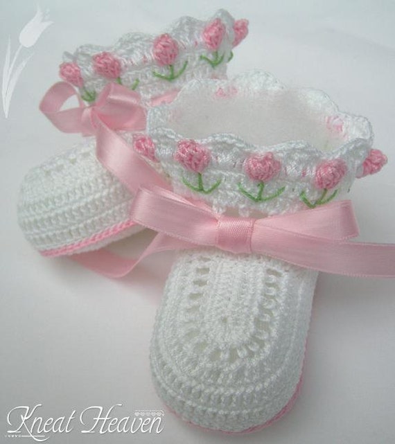 Boutique Crochet Tulip Baby or Reborn Doll Booties, Christening, Baptism