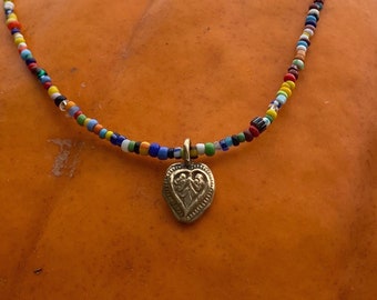 Gold Heart Charm on African Trade Beads