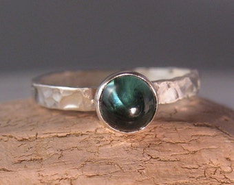 Blue tourmaline cabochon hammered silver stacking ring Indicolite -The Deep