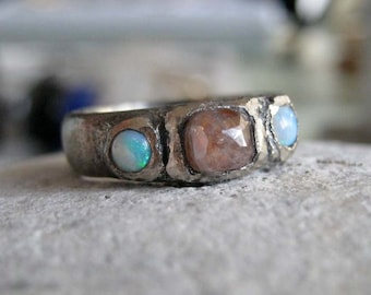 Oxidized White gold ring rose cut diamond rustic band opal -Oxidized grunge