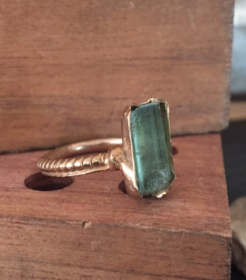 Tourmaline raw crystal 14k gold Roman style ring image 1