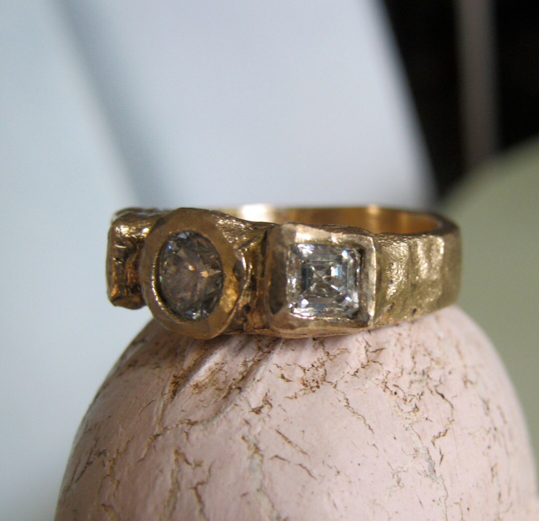 Rough Diamond Raw Diamond Recycled Gold Rustic Ring Three Stone Ring - Etsy