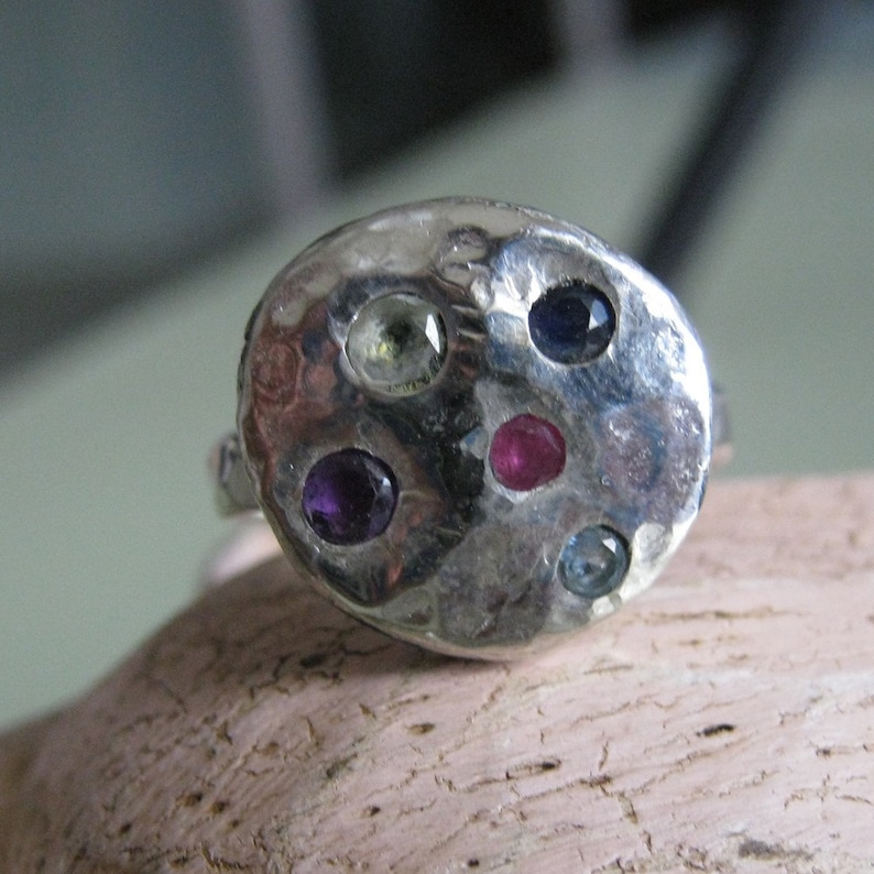 Mother's Ring smashed blob ring birthstone ring family ring recycled silver image 2