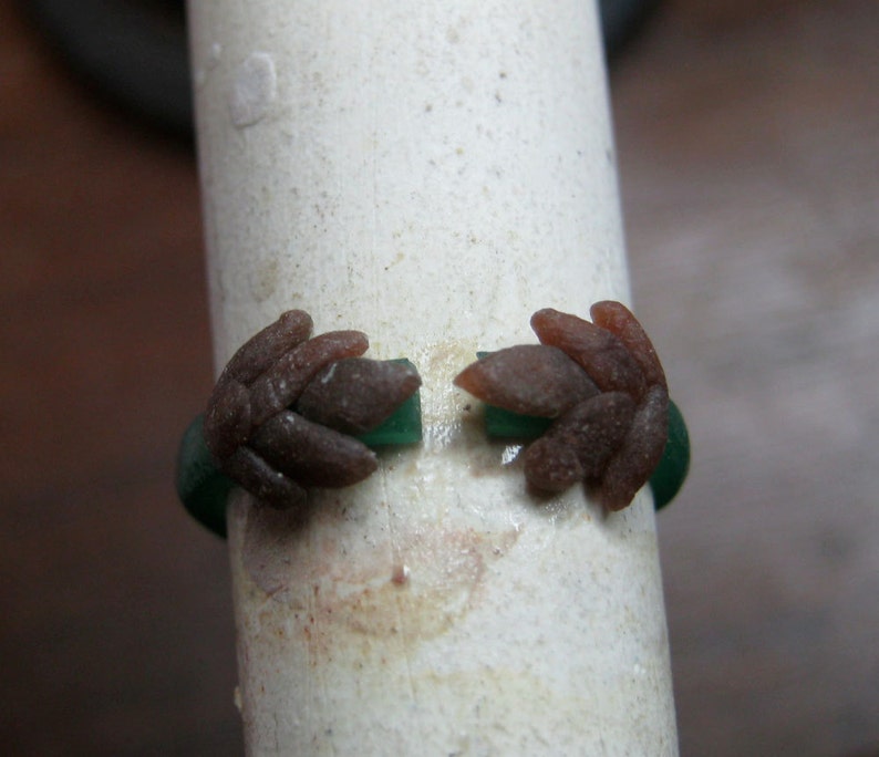 May include: A brown wax ring with a green band. The ring has a detailed design on the top.