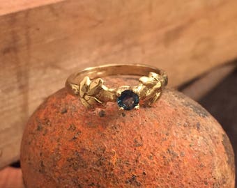 Gold Leaf ring sapphire engagement ring leaf engagement ring rustic diamond rose cut diamond ring- Woodland fairy