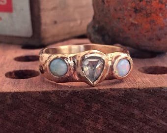 Oxidized White Gold Ring Rose Cut Diamond Rustic Band Opal