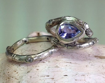 Rustic gold Twigs and branches wedding ring set with gemstone  - 14k recycled gold