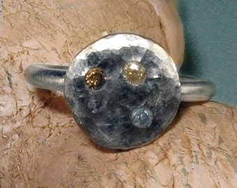 Recycled silver ring with flush set diamonds -Smashed Blurp