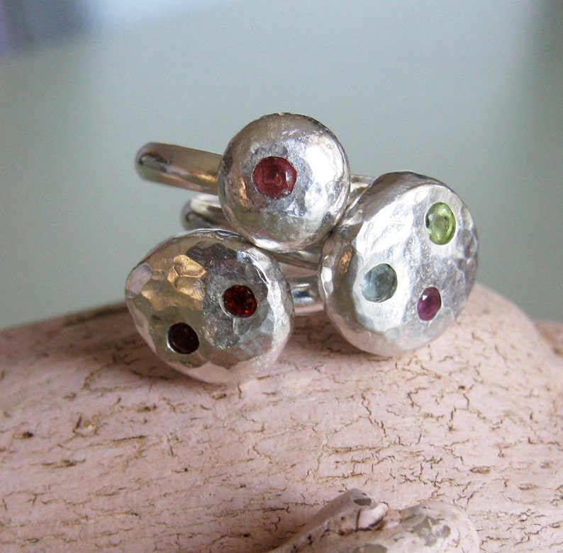 Mother's Ring smashed blob ring birthstone ring family ring recycled silver image 1