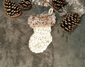 Ivory Tweed Crochet Mini stocking with brown fur trim Gift Card Ornament