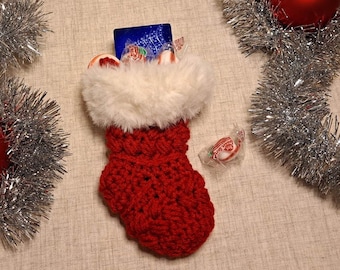 Red Crochet Mini stocking with white faux fur trim Gift Card Ornament 2