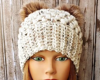 Ladies Crochet hat in Ivory Tweed with two Brown Poms