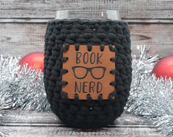 Crochet Stemless Wine Glass Cozy in black with Book Nerd Vegan Leather Patch
