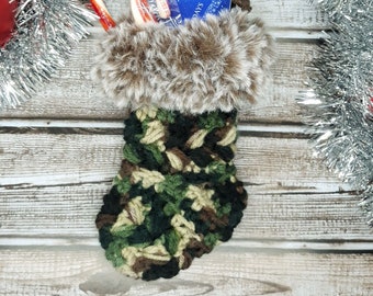 Camo Crochet Mini stocking with grey faux fur trim Gift Card Ornament