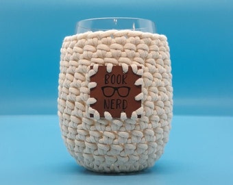 Crochet Stemless Wine Glass Cozy in cream with Book Nerd Vegan Leather Patch