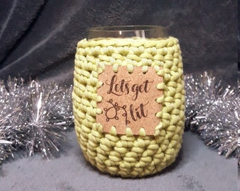 Let's Get Lit Crochet Stemless Wine Glass Cozy in Green with Cork Patch