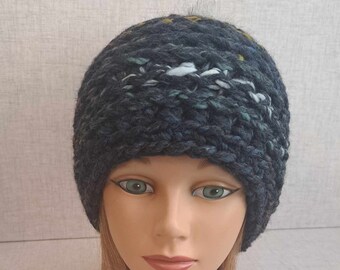 Ladies Crochet Wool Blend Beanie hat in Bedrock with a grey Pom