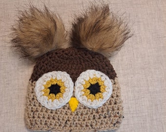 Infant Owl Beanie in Browns and Brown Poms