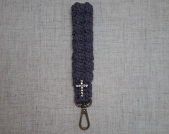 Boho Style Crochet Wristlet for keys and such in Pewter Gray with Cross Charm