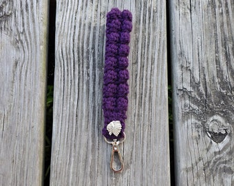 Boho Style Crochet Wristlet for keys and such in Purple with silver Indian head Charm