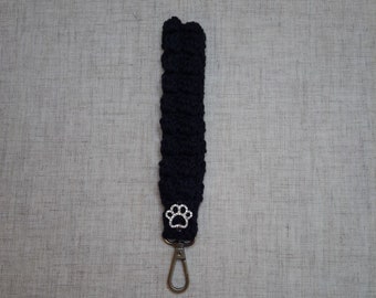 Boho Style Crochet Wristlet for keys and such in Black with Paw Charm