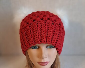 Ladies Crochet hat in Red with two White Poms
