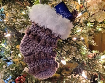 Crochet Mini stocking with white fun fur trim Gift Card Ornament 2 in Purple Haze and French Lilac