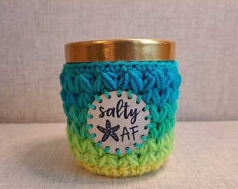 Crochet Pint Size Ice Cream Cozy in Retro Stripe with a Salty AF Vegan Leather Patch