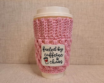 Coffee Cozy in Pink Sparkle Fueled by Caffeine and Chaos