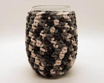 Crochet Stemless Wine Glass Cozy in Greys and cream