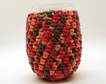 Crochet Stemless Wine Glass Cozy in Orange Coral and grey