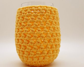 Crochet Stemless Wine Glass Cozy in yellow