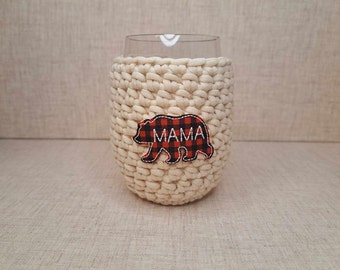 Mama Bear Crochet Stemless Wine Glass Cozy in Cream