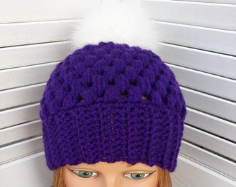 Ladies Purple Crochet hat  with White Detachable Pom Pom