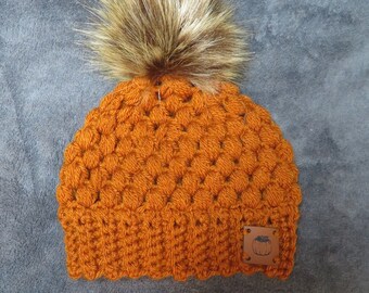 Burnt Orange Crochet Baby Hat with Brown Fox Faux Fur Pom Pom and Pumpkin Vegan Leather Patch