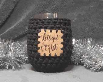 Let's Get Lit Crochet Stemless Wine Glass Cozy in black with Cork Patch