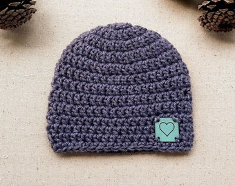 Little Love Heart Beanie in Charcoal with a blue heart patch