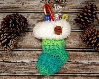 Retro Stripe Colorful Naughty List Crochet Mini stocking with white fur trim Gift Card Ornament