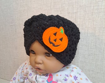 Baby Ravencraft EarWarmer in black sparkle with Jack o Lantern Clip 0-3 months size