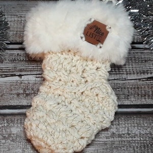 White and Gold Nice List Crochet Mini stocking with white fur trim Gift Card Ornament image 2