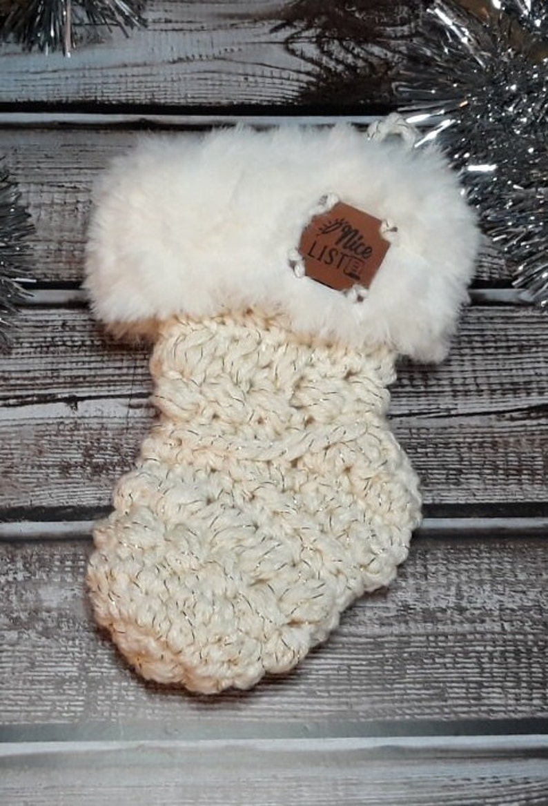 White and Gold Nice List Crochet Mini stocking with white fur trim Gift Card Ornament image 2