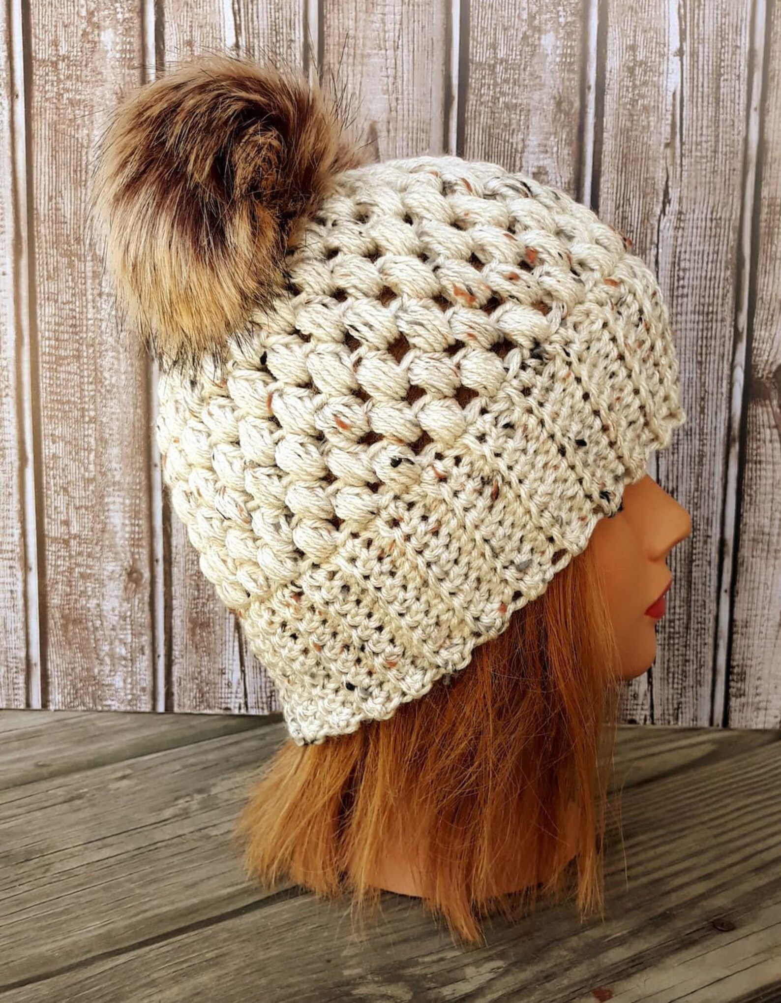 Ladies Crochet Hat in Ivory Tweed With Two Brown Poms - Etsy