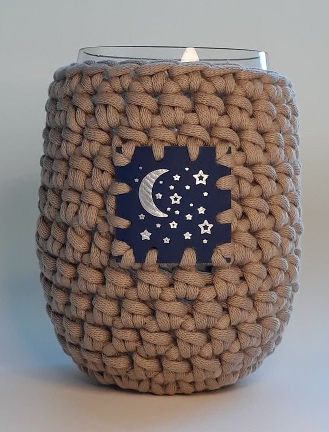 Crochet Stemless Wine Glass Cozy in Clay With Moons and Stars Etsy