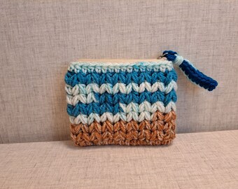 Crochet Coin Purse Size Pouch Bag in blues and brown