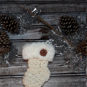 White and Gold Nice List Crochet Mini stocking with white fur trim Gift Card Ornament image 3