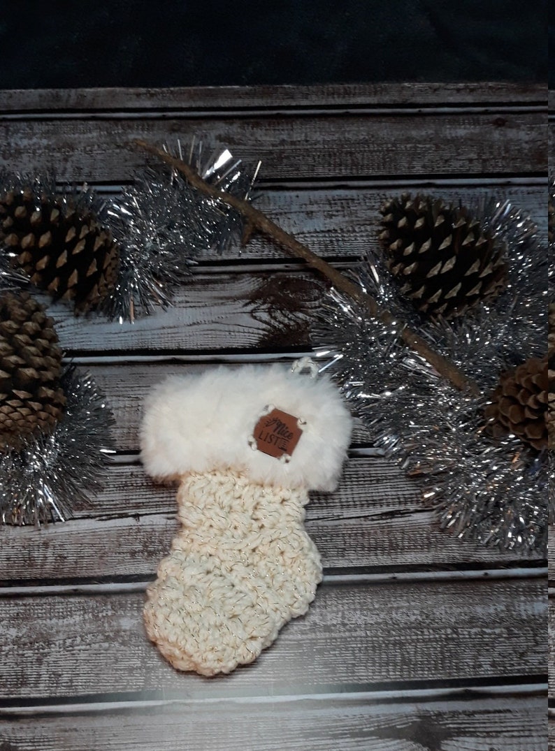 White and Gold Nice List Crochet Mini stocking with white fur trim Gift Card Ornament image 3