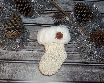 White and Gold Naughty List Crochet Mini stocking with white fur trim Gift Card Ornament