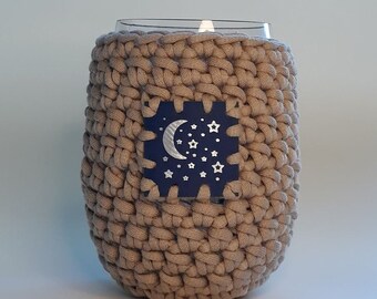 Crochet Stemless Wine Glass Cozy in Clay with Moons and Stars Navy Vegan  Leather Patch